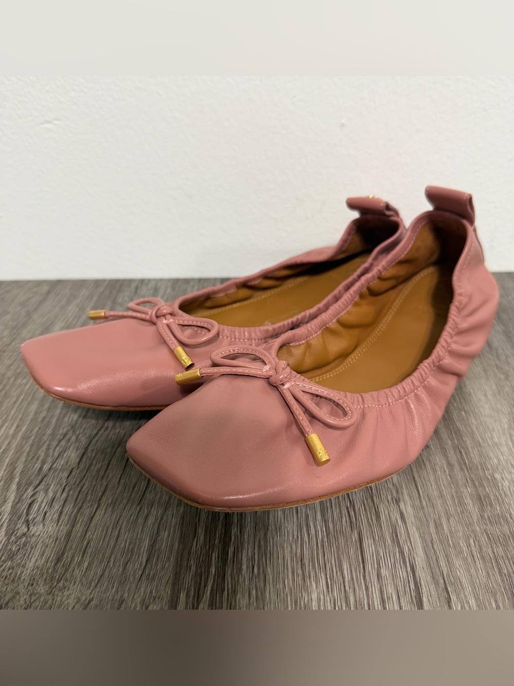 Tory Burch Square Toe Leather Bow Ballet Flat Pink Bow Women Size 8